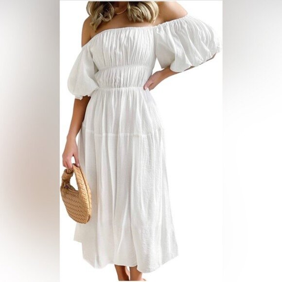 Boho Off Shoulder Puff Sleeves High Waist Ruffled Flowy A Line Dress Size L - Picture 3 of 14